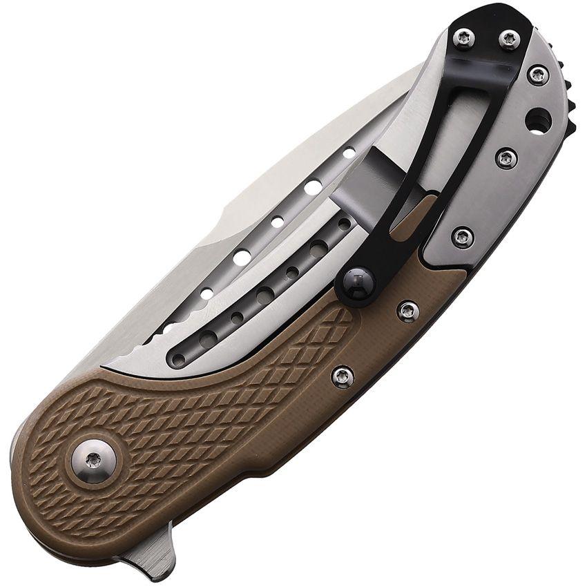 Begg Knives Bodega Framelock Tan Checkered G10 Satin Spear Point D2 - Knives.mx