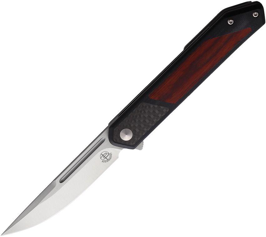 Begg Knives Kwaiken Linerlock Black w Red CF & Wood Inlay Satin D2 - Knives.mx