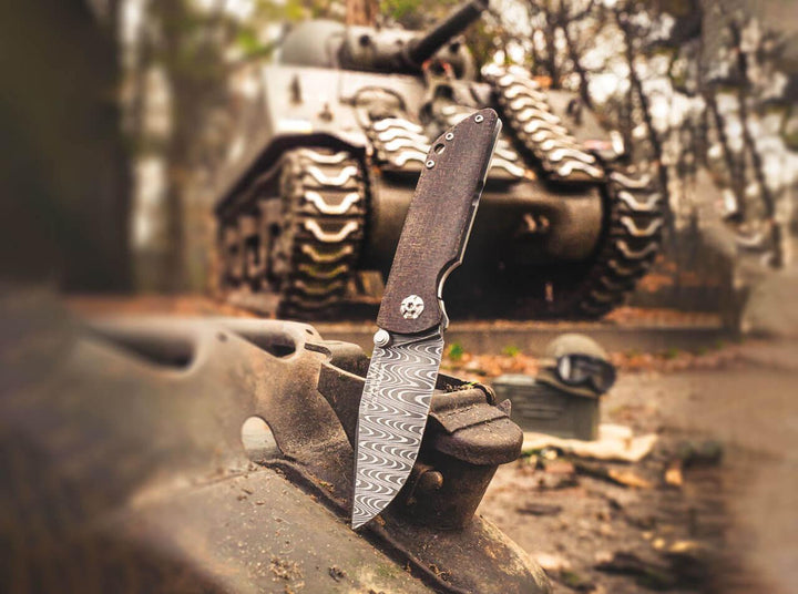 Boker M4 Sherman Framelock Black Micarta w Stainless Back Damascus Blade - Knives.mx