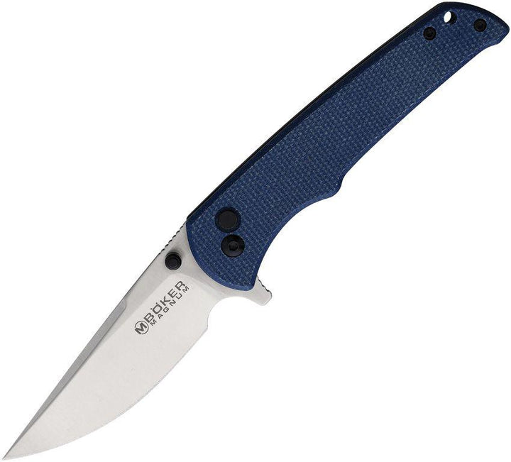 Boker Magnum Bluejay Button Lock Blue Canvas Micarta Satin 440A - Knives.mx