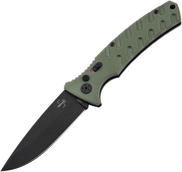 Boker Plus Large Strike Button Lock OD Green Grivory Black Coated D2 - Knives.mx