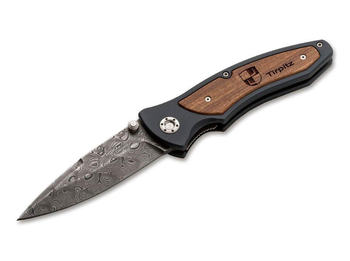 Boker Tirpitz Linerlock Black Aluminum w Walnut inlay Damascus - Knives.mx