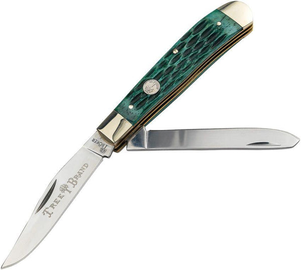 Boker Tree Brand Trapper Slipjoint Green Jigged Bone Mirror D2 Steel Blade - Knives.mx