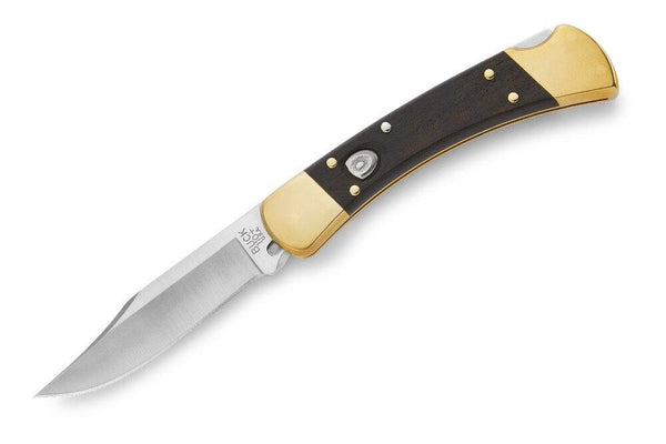 Buck Auto Elite 110 Crelicam Ebony Wood w Brass Bolsters Satin Clip Point 420HC - Knives.mx