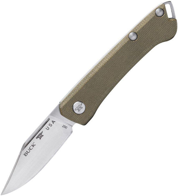 Buck Saunter Folder Green Canvas Micarta Satin Clip Point 154CM - Knives.mx