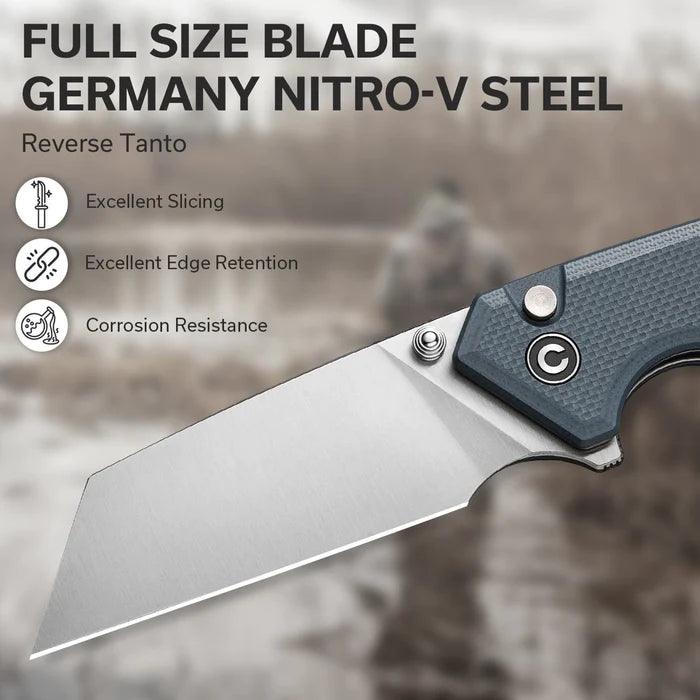 Civivi Amirite Button Lock Blue Gray Coarse G10 Satin Reverse Tanto Nitro-V - Knives.mx