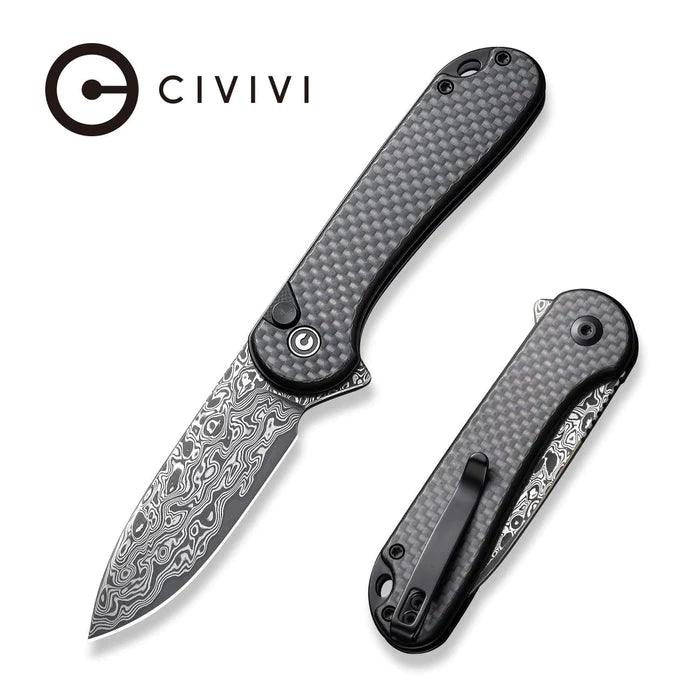 Civivi Button Lock Elementum II Twill Carbon Fiber Overlay On Black G10 Drop Point Damascus - Knives.mx