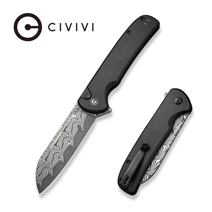 Civivi Chevalier Button Lock Black Aluminum Damascus Sheepsfoot 14C28N - Knives.mx