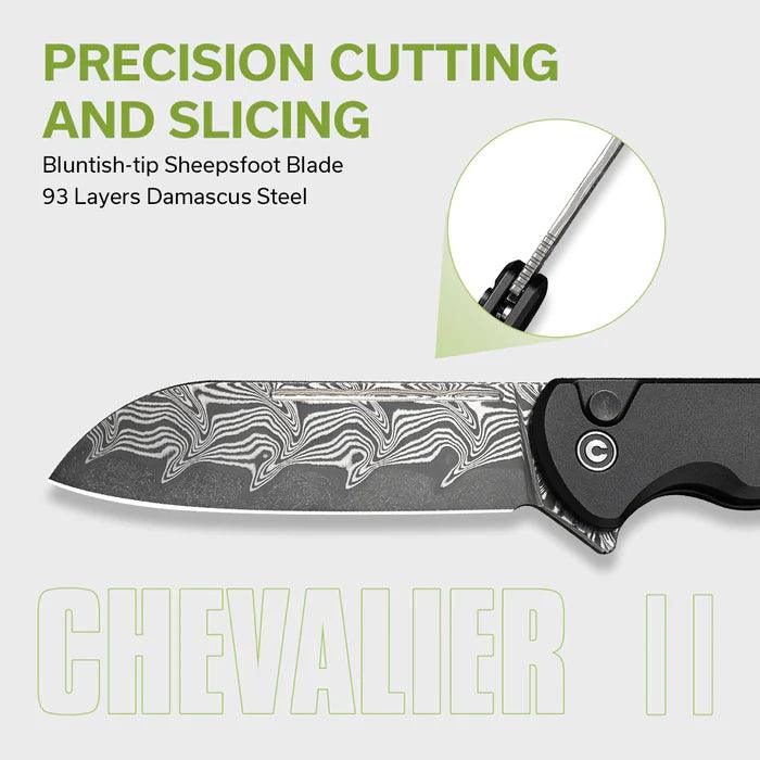 Civivi Chevalier Button Lock Black Aluminum Damascus Sheepsfoot 14C28N - Knives.mx