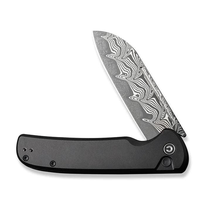 Civivi Chevalier Button Lock Black Aluminum Damascus Sheepsfoot 14C28N - Knives.mx