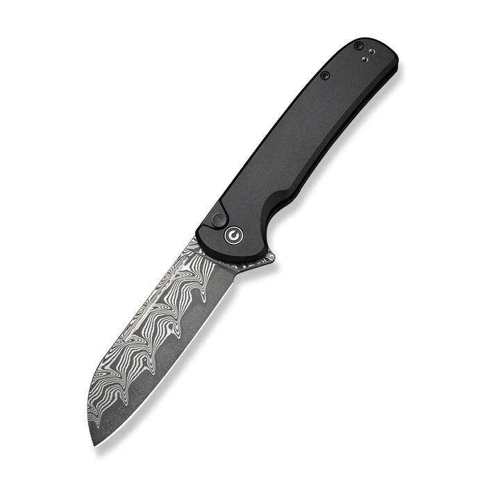 Civivi Chevalier Button Lock Black Aluminum Damascus Sheepsfoot 14C28N - Knives.mx