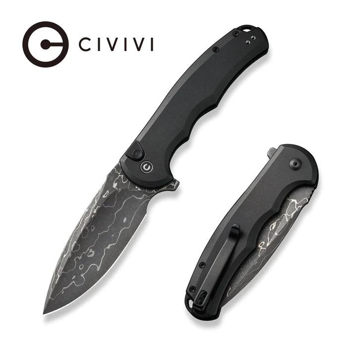 Civivi Praxis Button Lock Black Aluminum Drop Point Damascus - Knives.mx