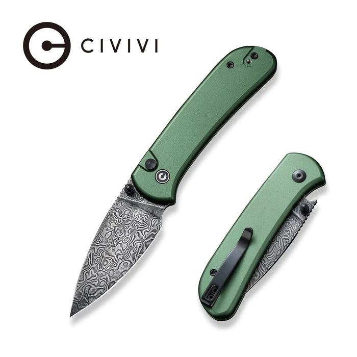 Civivi Qubit Button Lock Green Aluminum Drop Point Damascus - Knives.mx