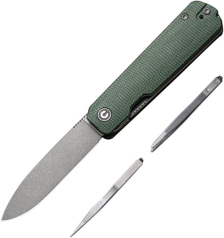 Civivi Sendy Liner Lock Green Canvas Micarta Gray Stonewashed Drop Point Nitro-V - Knives.mx