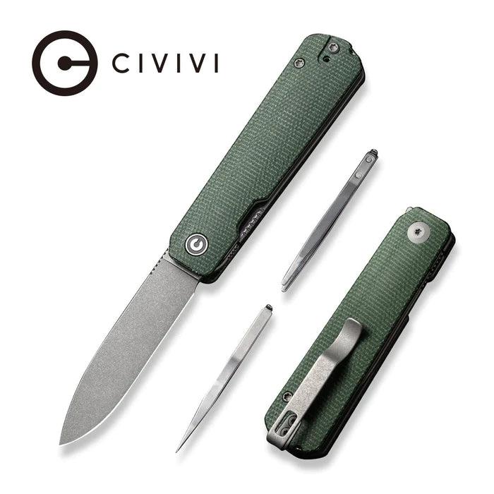 Civivi Sendy Liner Lock Green Canvas Micarta Gray Stonewashed Drop Point Nitro-V - Knives.mx