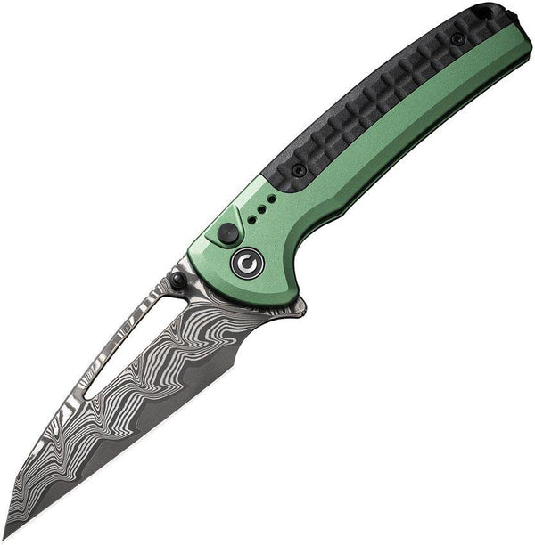 Civivi Sentinel Strike Button Lock Green Aluminum Black Reverse Tanto Damascus - Knives.mx