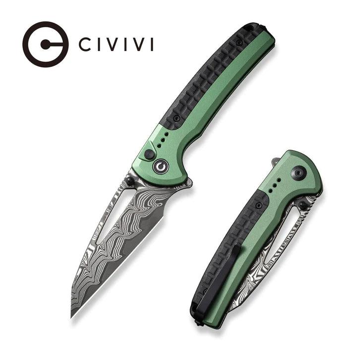 Civivi Sentinel Strike Button Lock Green Aluminum Black Reverse Tanto Damascus - Knives.mx