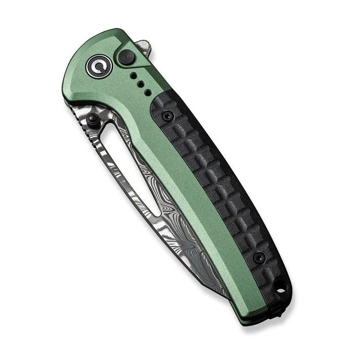 Civivi Sentinel Strike Button Lock Green Aluminum Black Reverse Tanto Damascus - Knives.mx