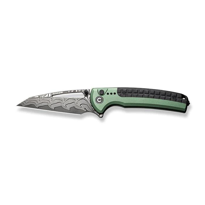 Civivi Sentinel Strike Button Lock Green Aluminum Black Reverse Tanto Damascus - Knives.mx