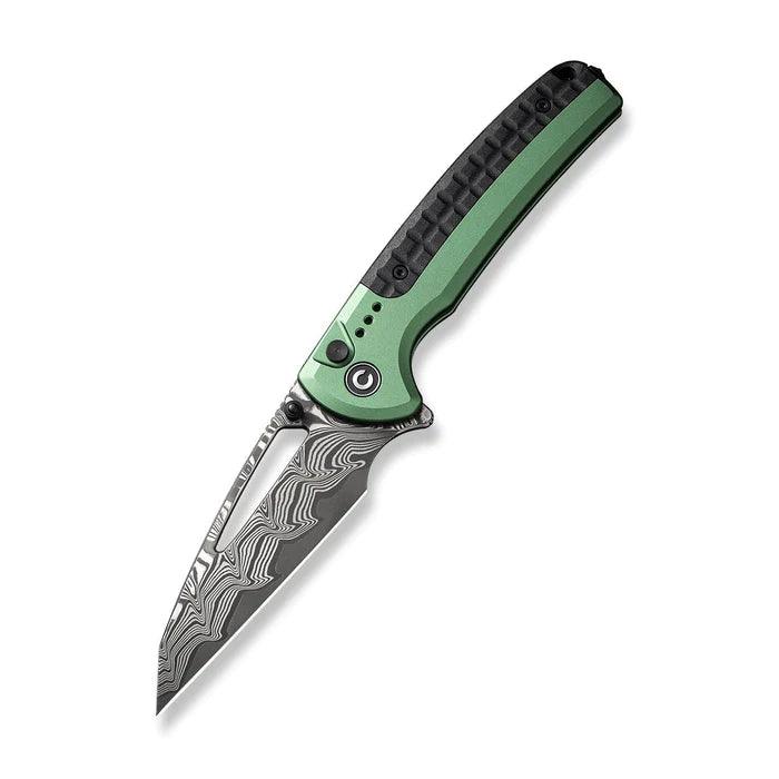 Civivi Sentinel Strike Button Lock Green Aluminum Black Reverse Tanto Damascus - Knives.mx