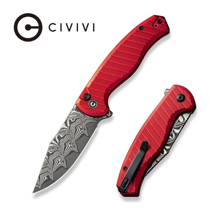 Civivi Stormhowl Button Lock Red Aluminum Clip Point Damascus - Knives.mx