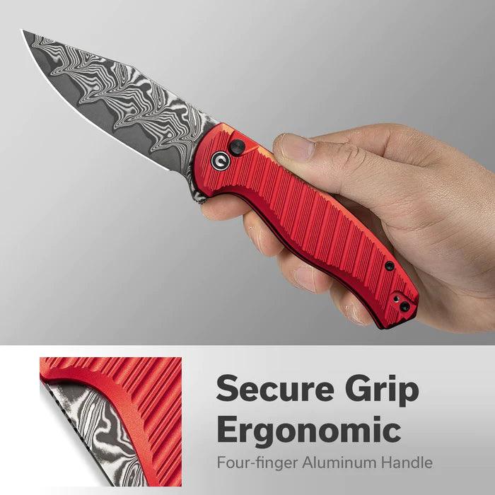 Civivi Stormhowl Button Lock Red Aluminum Clip Point Damascus - Knives.mx