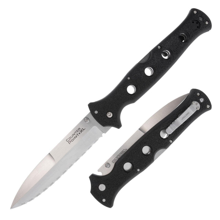 Cold Steel Counter Point XL 6" Tri-Ad Lock Black Griv-Ex Satin Serrated Spear Point AUS10A - Knives.mx