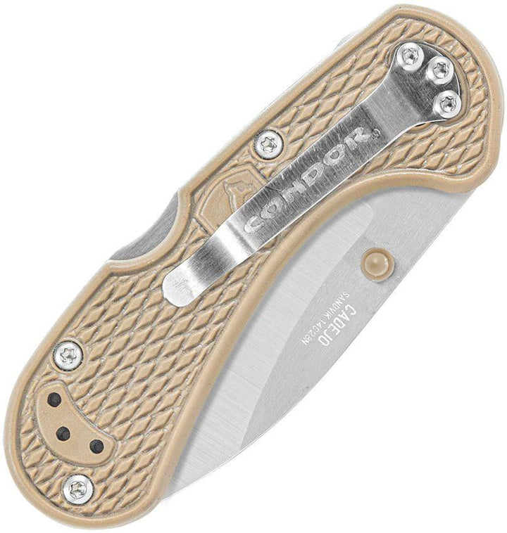 Condor Cadejo Drop Point Folder Desert Tan Textured Zytel Satin 14C28N Sandvik - Knives.mx