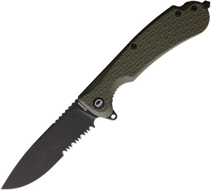 Daggerr Knives Wocket Linerlock Olive Green Textured FRN Black Stonewash P/Serrated 8Cr14MoV - Knives.mx