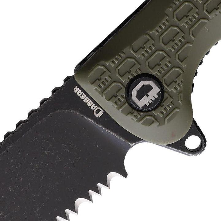 Daggerr Knives Wocket Linerlock Olive Green Textured FRN Black Stonewash P/Serrated 8Cr14MoV - Knives.mx