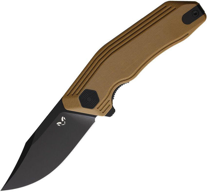 Damned Designs Cerberus Linerlock Tan G10 Black Clip Point 14C28N Sandvik - Knives.mx