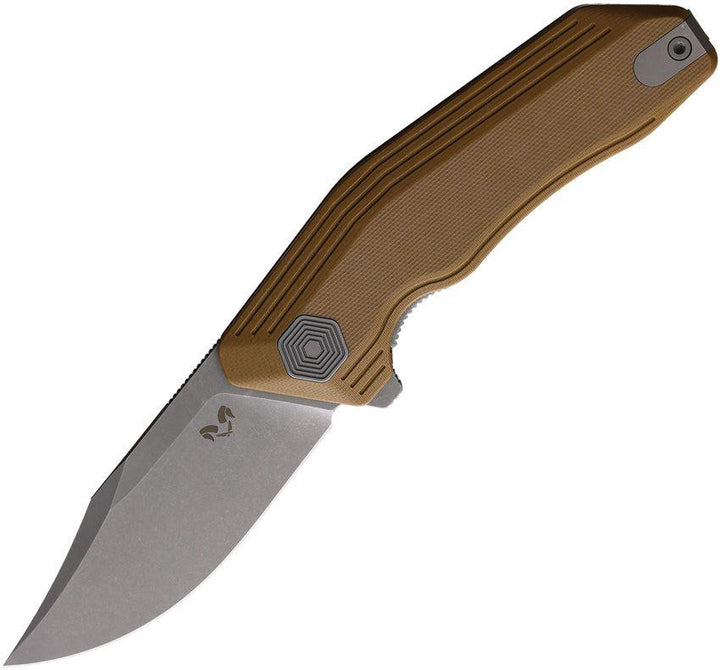 Damned Designs Cerberus Linerlock Tan G10 Stonewash Clip Point 14C28N Sandvik - Knives.mx