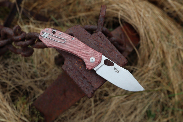 Giant Mouse ACE Atelier “Mini-Grand” Red Canvas Micarta Stonewash Elmax - Knives.mx