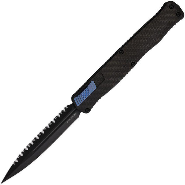 Heretic Knives Auto Cleric II OTF Blue Carbon Fiber D/E Black Oxide Coated Serrated CPM MagnaCut - Knives.mx