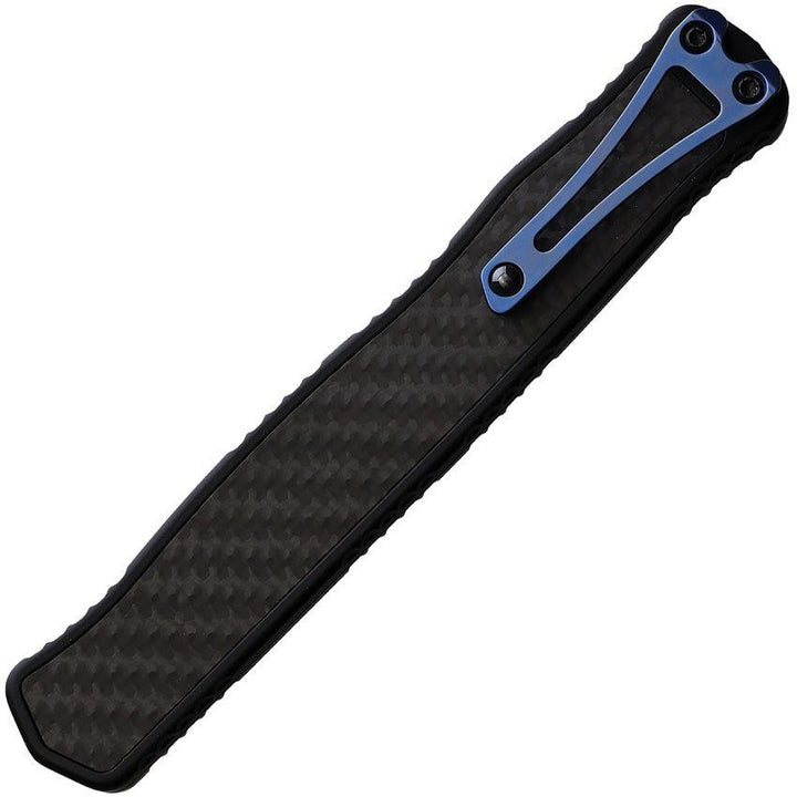 Heretic Knives Auto Cleric II OTF Blue Carbon Fiber D/E Black Oxide Coated Serrated CPM MagnaCut - Knives.mx