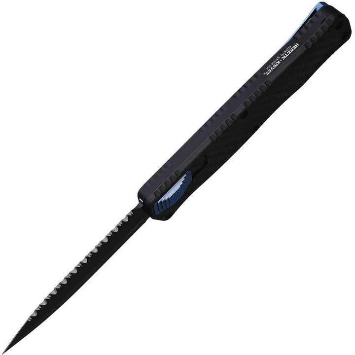 Heretic Knives Auto Cleric II OTF Blue Carbon Fiber D/E Black Oxide Coated Serrated CPM MagnaCut - Knives.mx