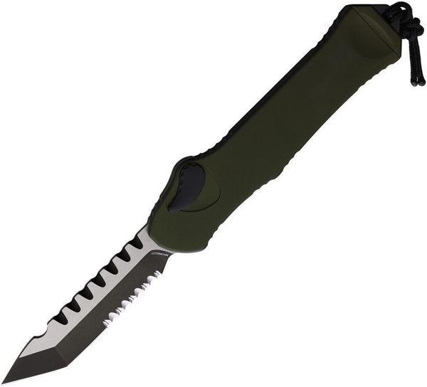 Heretic Knives Auto Hydra DLC OTF Green Aluminum Two Tone Tanto Serrated MagnaCut - Knives.mx