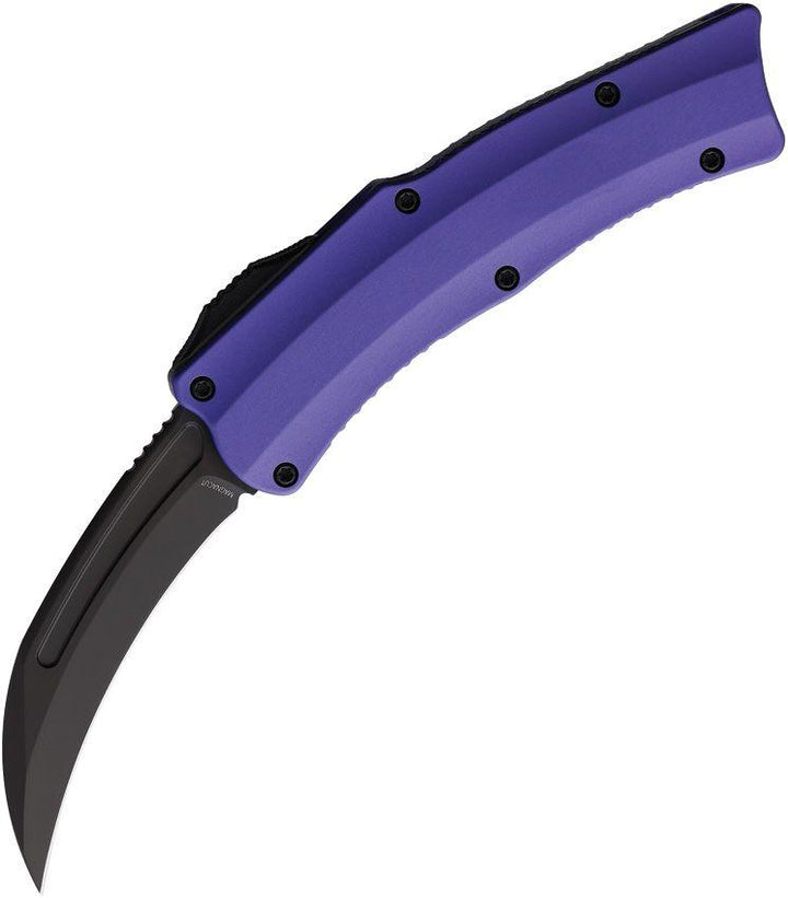 Heretic Knives Auto ROC OTF Purple Aluminum Hawkbill Black DLC Coated CPM MagnaCut - Knives.mx