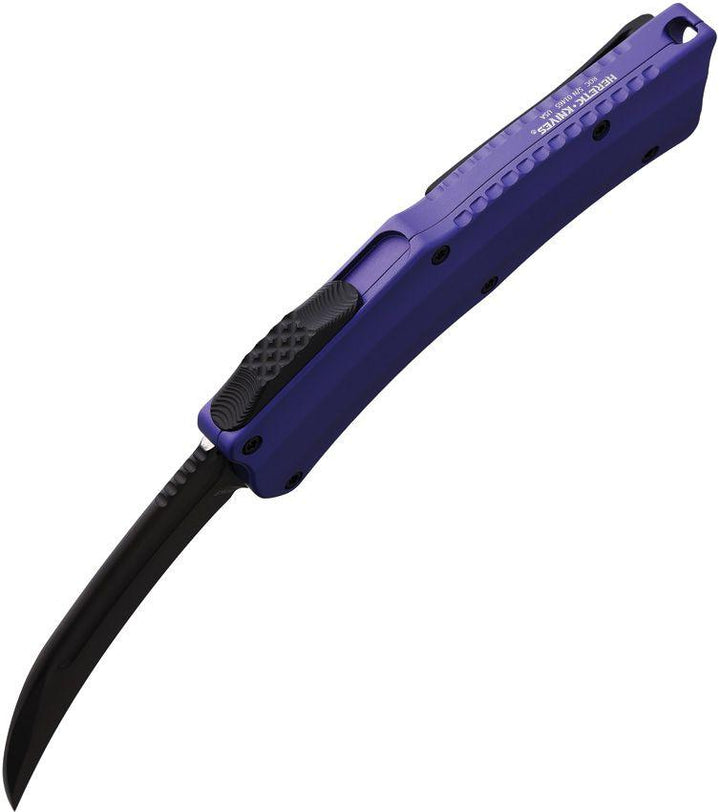 Heretic Knives Auto ROC OTF Purple Aluminum Hawkbill Black DLC Coated CPM MagnaCut - Knives.mx