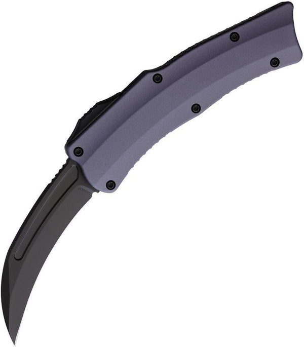 Heretic Knives Auto ROC OTF Purple Gray Aluminum Black DLC Hawkbill MagnaCut - Knives.mx