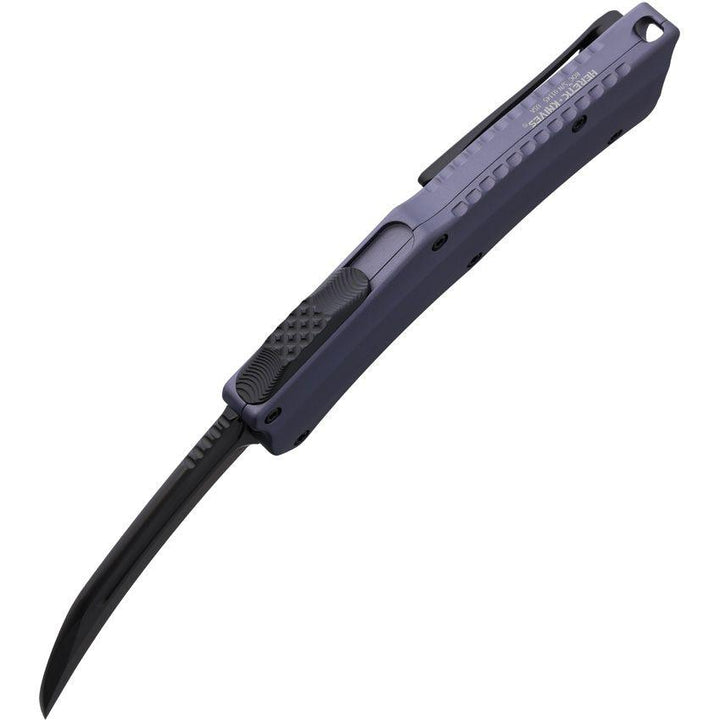 Heretic Knives Auto ROC OTF Purple Gray Aluminum Black DLC Hawkbill MagnaCut - Knives.mx