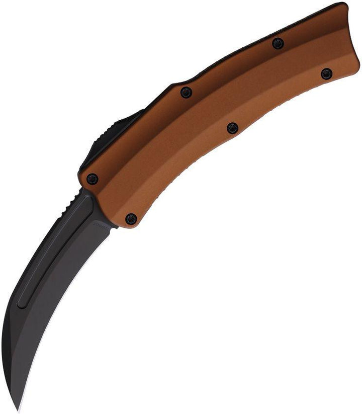 Heretic Knives Auto ROC OTF Rootbeer Aluminum Black DLC Hawkbill MagnaCut - Knives.mx