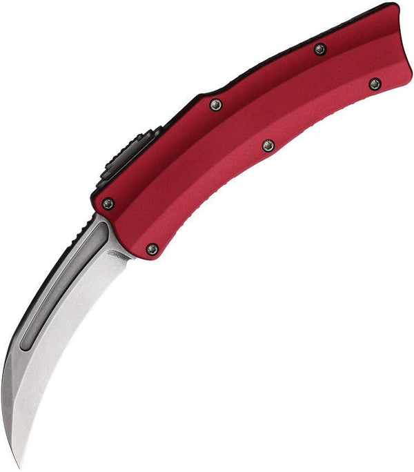 Heretic Knives Auto Roc Red Aluminum Stonewash Hawkbill CPM MagnaCut - Knives.mx
