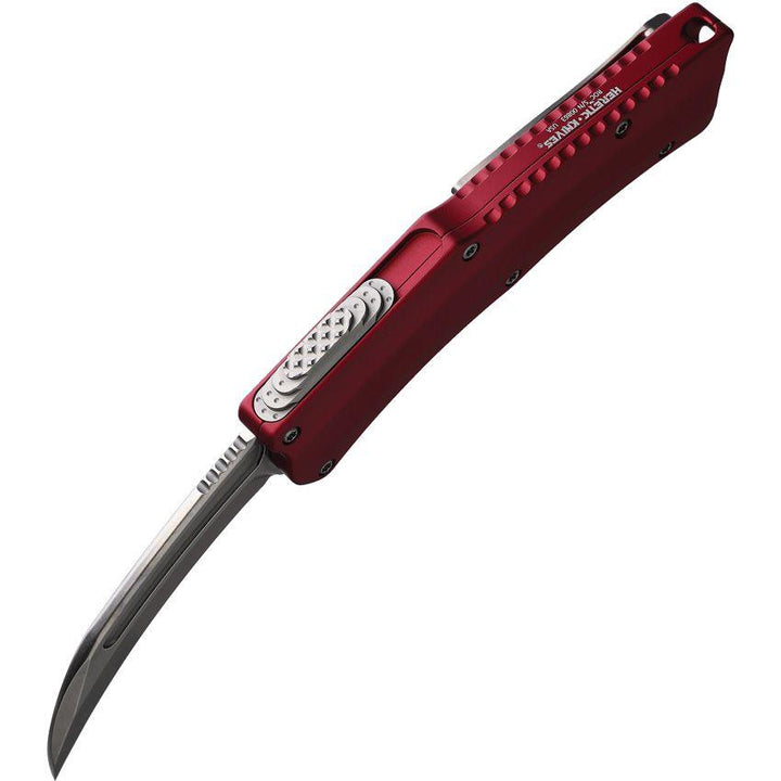 Heretic Knives Auto Roc Red Aluminum Stonewash Hawkbill CPM MagnaCut - Knives.mx