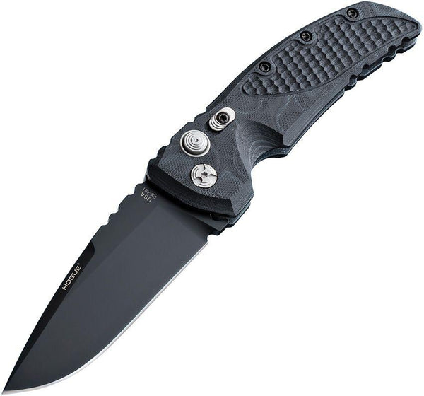 Hogue Auto EX-A01 Button Lock Mini Piranha Black G10 Cerakote Drop Point 154CM - Knives.mx