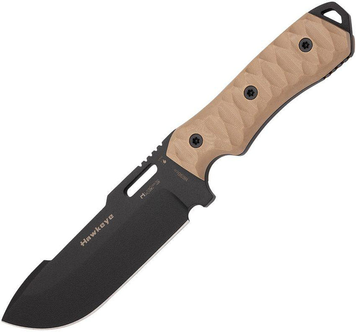 Hydra Knives Hawkeye Fixed Blade Tan Sculpted G10 Black Powder Coated Bohler N690 - Knives.mx