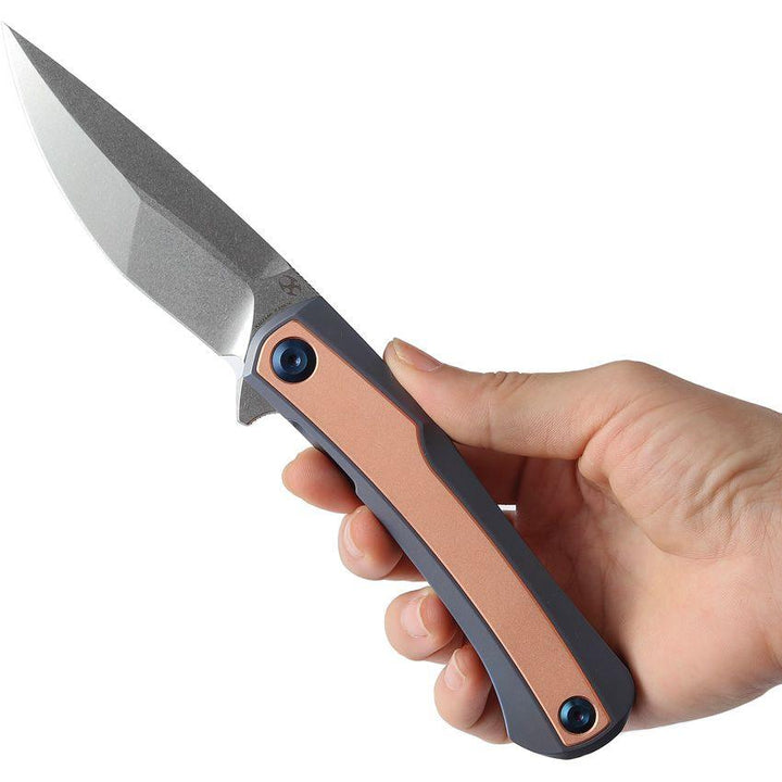 Kansept Knives Kratos Blue Anodized Titanium w Red Copper Inlay Stonewash CPM S35VN - Knives.mx
