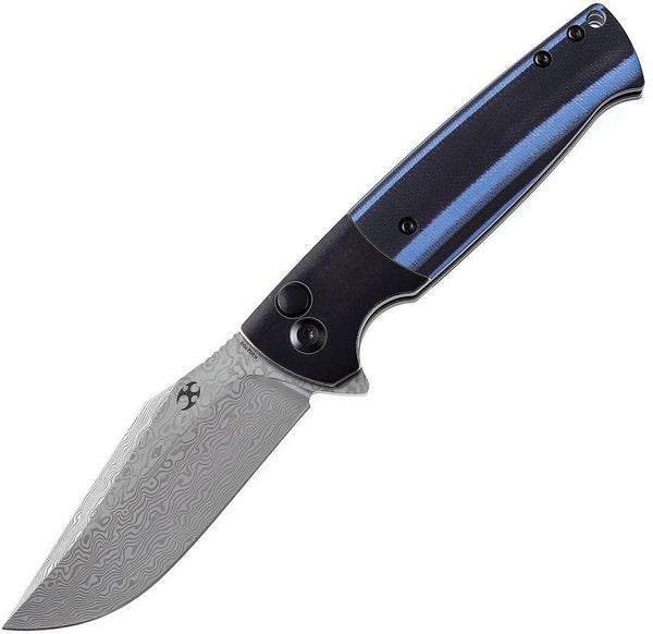 Kansept Knives Skikari SBL Button Lock Black & blue G10 Clip Point Damascus - Knives.mx