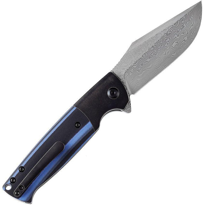 Kansept Knives Skikari SBL Button Lock Black & blue G10 Clip Point Damascus - Knives.mx