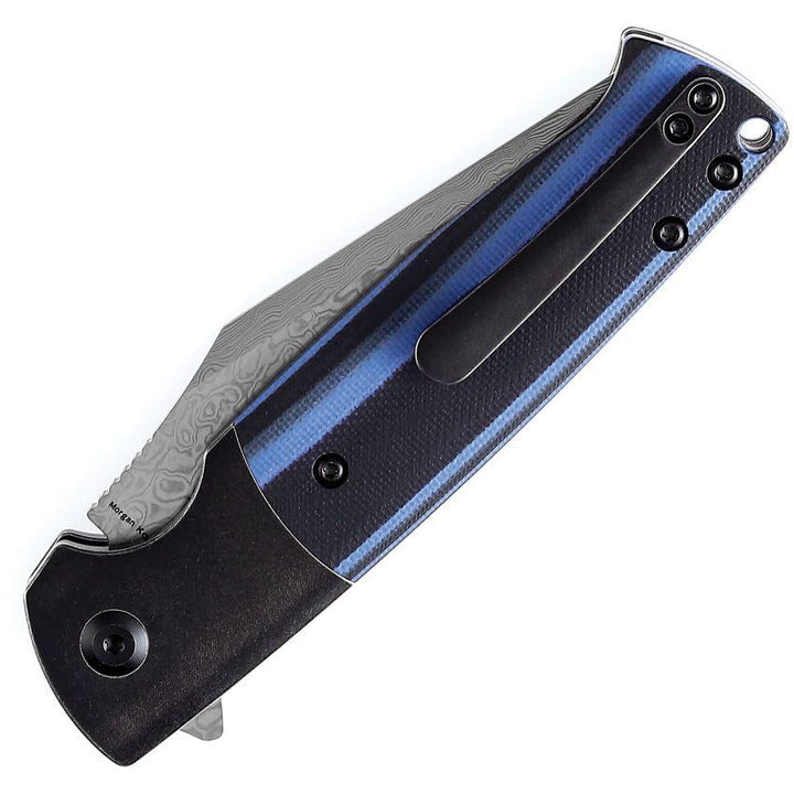 Kansept Knives Skikari SBL Button Lock Black & blue G10 Clip Point Damascus - Knives.mx